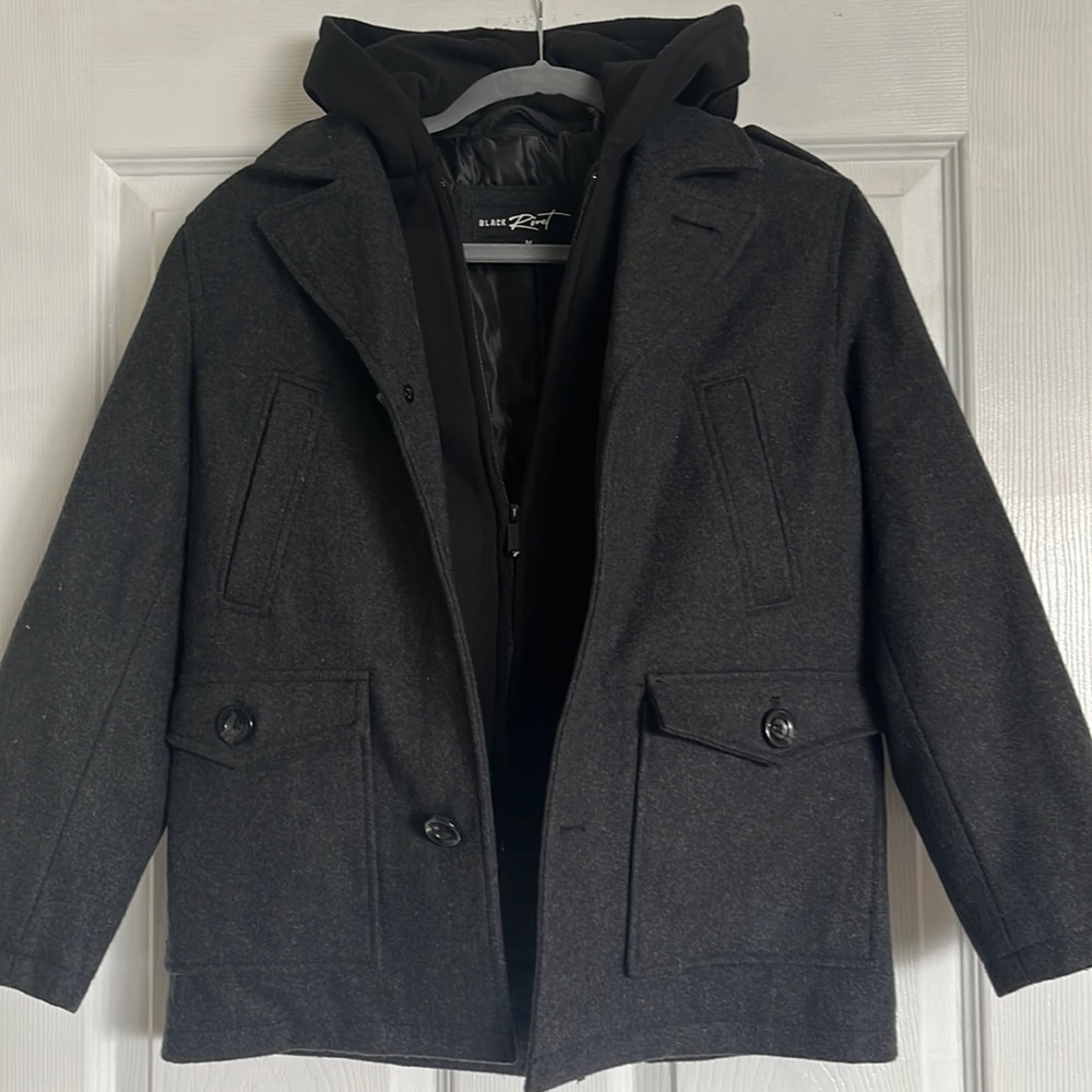 Boys Detachable Hoodie Wool-Blend Peacoat Jacket (Charcoal/Black color)
